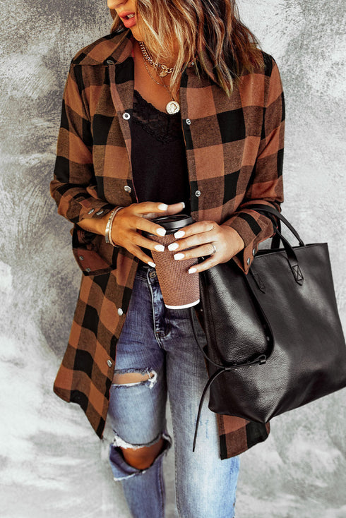 Turn-Down Collar Plaid Shirt Coat